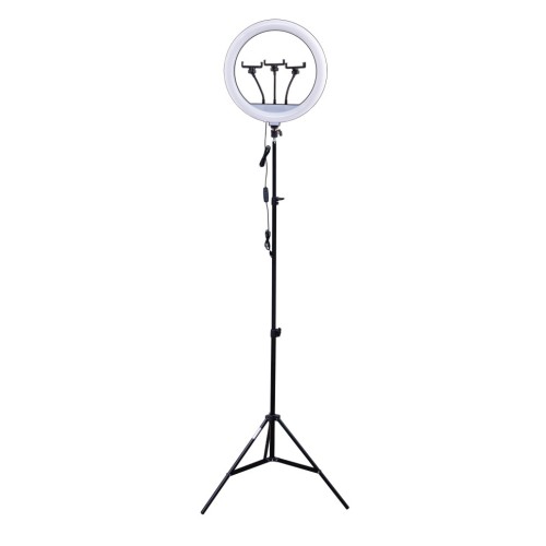 Комплект Rekam RL-36 LED Kit кольцевая светодиодная лампа с держателем для смартфона и стойкой •   комплект: кольцевая светодиодная лампа и студийная стойка;
•   количество светодиодов - 216;
•   световой поток - 4000-7000 Лм;
•   CRI Ra - >90;
•   возможность переключения светодиодов, изменяющее цветовую температуру;
•   диммер: ступенчатый, 0 - 100%, шаг: ±10%;
•   питание - от USB: напряжение - 5 В, ток - 3.0 А;
•   3-х секционная алюминиевая стойка: минимальная высота - 75 см, максимальная высота - 200 см.

