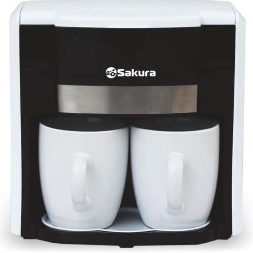Кофеварка, 450 Вт, Sakura SA-6110bw •   кофеварка капельного типа; 
•   объём - 300 мл; 
•   2 керамические кружки в комплекте; 
•   съёмный моющийся фильтр; 
•   защита от перегрева; 
•   пластиковый корпус.
