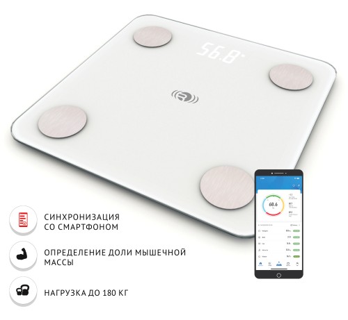 Весы напольные умные Rekam BS 600FT •   максимальный измеряемый вес - 180 Кг;
•   точность измерений - 100 г;
•   LED-экран 75x31 мм;
•   автоматические "Включение/Выключение";
•   Bluetooth BLE 4.0;
•   питание - 2 батарейки типа "ААА" (нет в комплекте).
