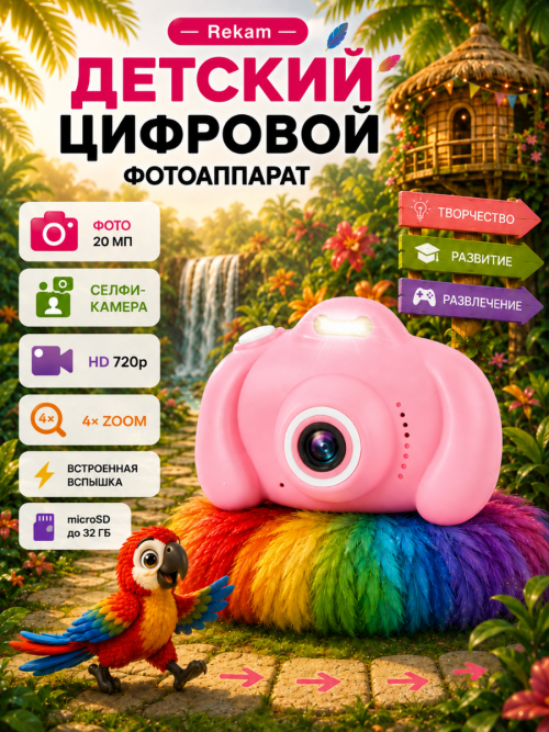 Цифровая фотокамера Rekam iLook K410i Розовый Для детей — от 4 лет
Фото — до 20 Мп
Видео — HD 1280×720
Экран — 2″ IPS
Цифровой зум — 4×
Селфи-камера — VGA 640×480
17 фоторамок и 7 эффектов
6 встроенных игр
MP3-плеер
Встроенный Li-ion аккумулятор
Комплектация — фотоаппарат, USB-кабель, ремешок, инструкция, гарантийный талон
